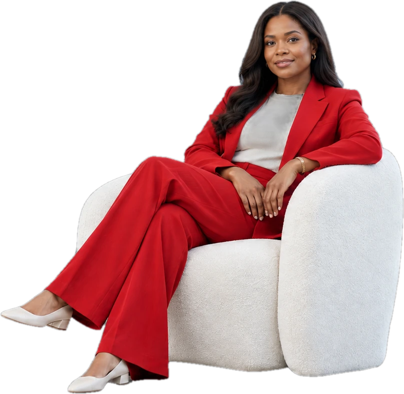 A confident founder in a deep vermilion suit, seated in a white bouclé armchair